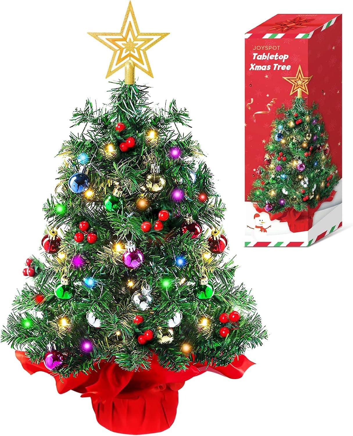 JOY SPOT! 24 Inch Tabletop Christmas Tree, Mini Artificial Christmas Tree with 60 LED String Lights & Ornament, Christmas Decorations for Home and Office
