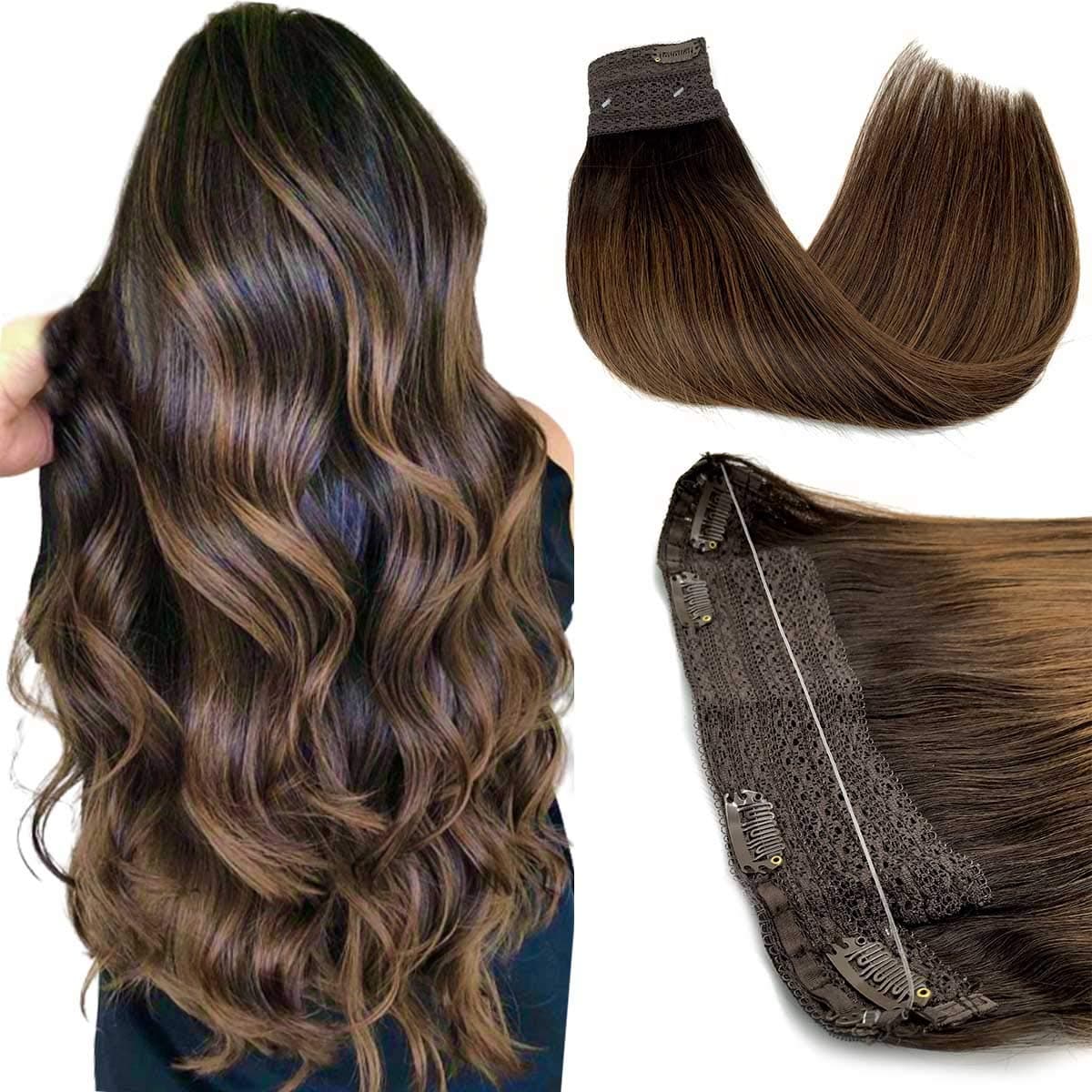 HOTBANANA Wire Hair Extensions, 20 inch 110g Dark Brown to Chestnut Brown Fish Line Hair Extensions Real Human Hair Straight Invisible Wire Hair Extensions Remy Hair Extensions