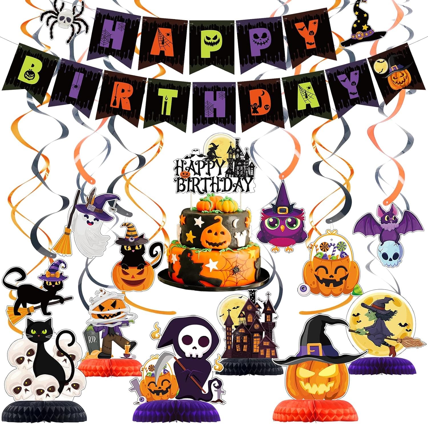 Halloween Birthday Party Decorations Halloween Decorations Banner Indoor, Halloween Honeycomb Table Centerpieces with Hanging Swirls and Cake Topper,Halloween Birthday Decorations for Home(49Pcs)