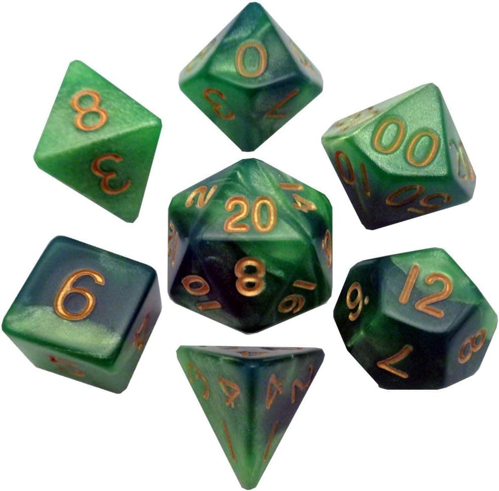 Green/Light Green with Gold Numbers 16mm Polyhedral Dice Set
