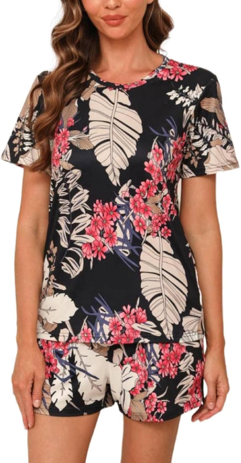 EISHOPEER Women's Short Pajama Set Cute Print Tee and Shorts Sleepwear Pjs Sets XS-XXL
