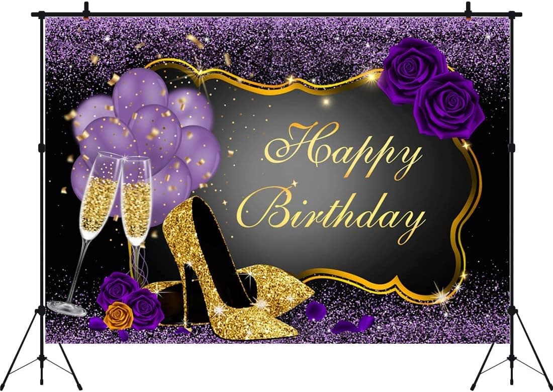 Aperturee 9x6FT Sweet Purple Happy Birthday Backdrop Rose Shiny Sequin High Heels Champagne Golden Frame Glasses Photography Background Party Decorations Adults Women Photo Booth Props Banner