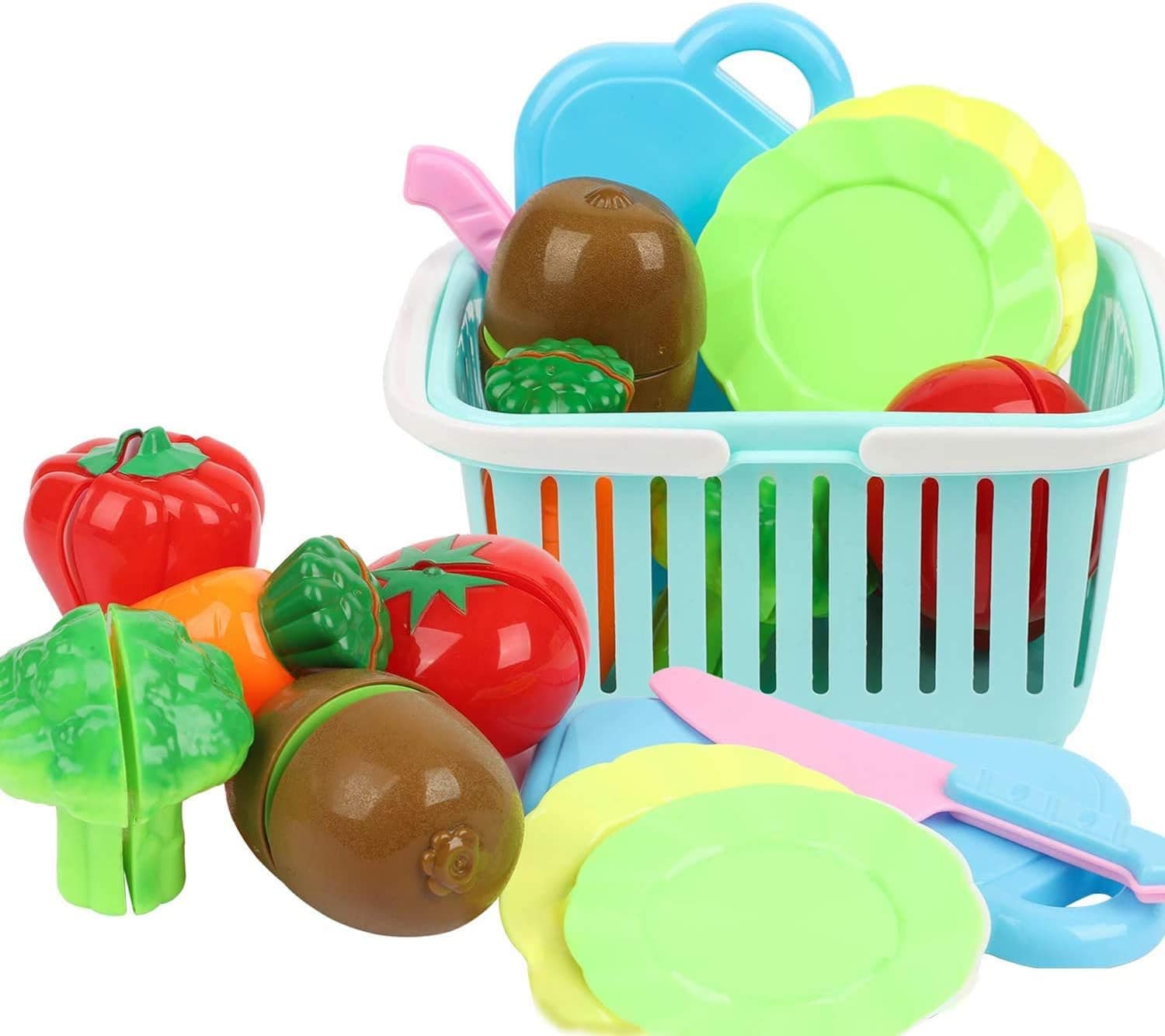 JhyHome Kitchen Toys Fun Cutting Playset Fruit Vegetables Pretend Food Toys with Plastic Grocery Basket for Kids, Educational Play Food Set for Children （10pcs）