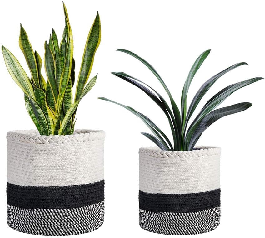 2 Pack Cotton Rope Planter Baskets, Stylish Woven Storage Basket with Handles for Indoor Plants, Home Decor Storage Baskets for Crafts Toys Towels Baby Laundry (White/Black/Stripes)