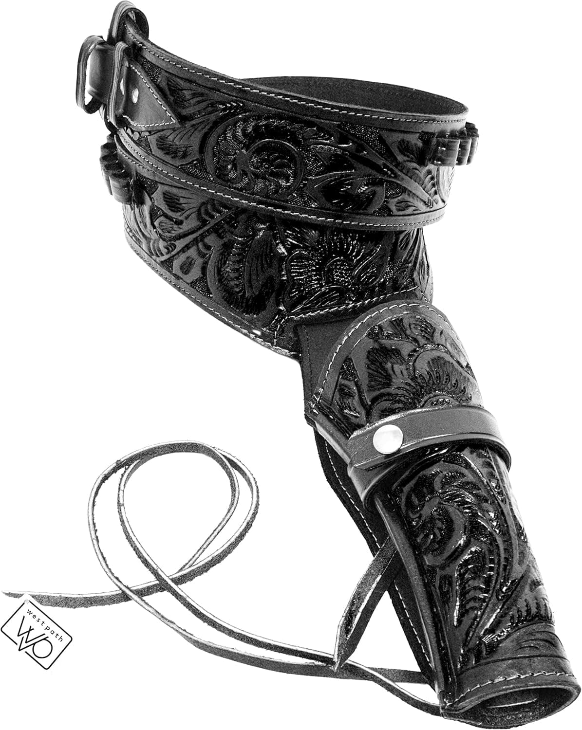 44/45 Caliber Western Leather Gun Holster - with Belt & Ammo Holder Loops, or as Cross Draw Holster Without Belt - Cowboy Style Single Drop Rig Standard Barrel - Authentic Handmade Hand Tooled