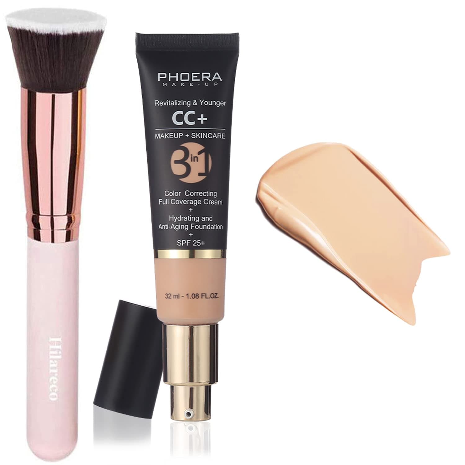 PHOERA CC+ Cream,Full Coverage Foundation，Color Correcting Cream,Anti Aging Hydrating Serum & SPF 25+ Sunscreen - Natural Finish - 1.08 fl oz (120 Nude)