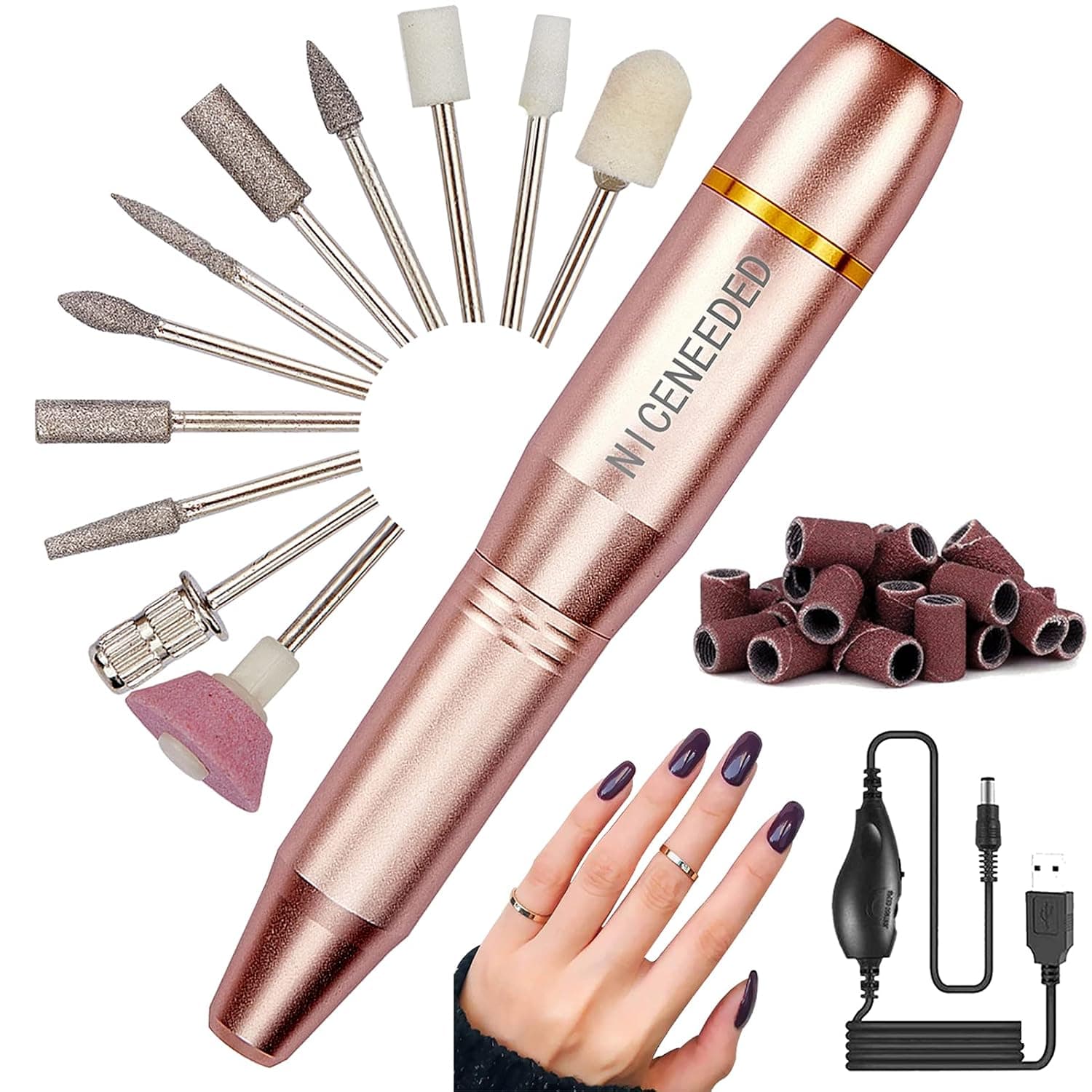 NICENEEDED Electric Nail Drill for Acrylic Gel Nails, 20000 RPM USB Portable Nail Drill Machine Kit, Professional Compact Efile Nail File Kit with 11Pcs Nail Drill Bits and 16Pcs Sanding Bands