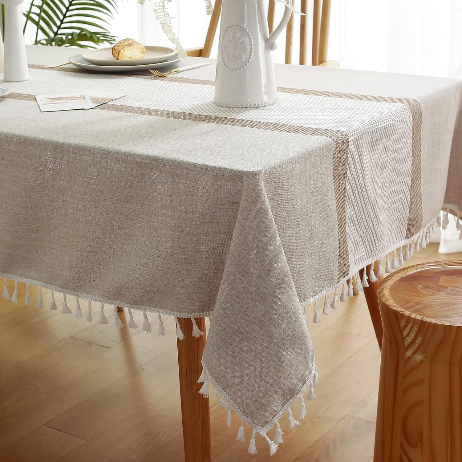 Deep Dream Tablecloth, Embroidered Table Cloth Cotton Linen Wrinkle Free Tablecloths Washable Dust-Proof Table Cover for Kitchen Dinning Party (Square, 55 x 86 Inch, Beige)