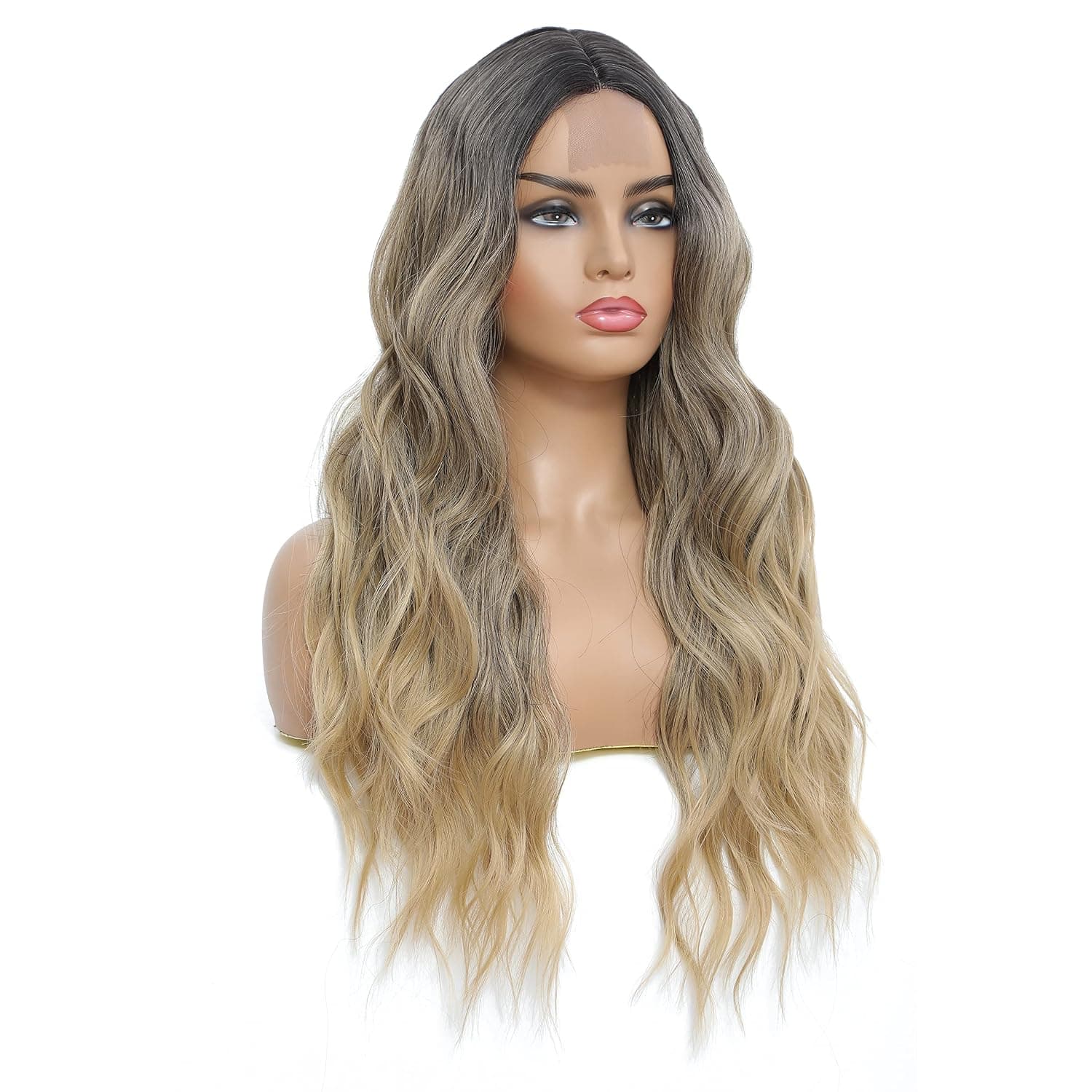 YBSNBEAUTY Ash Blonde Wigs For Women Long Wavy Wig Ombre Blonde Curly Synthetic Hair Heat Resistant Fiber For Daily Party Use
