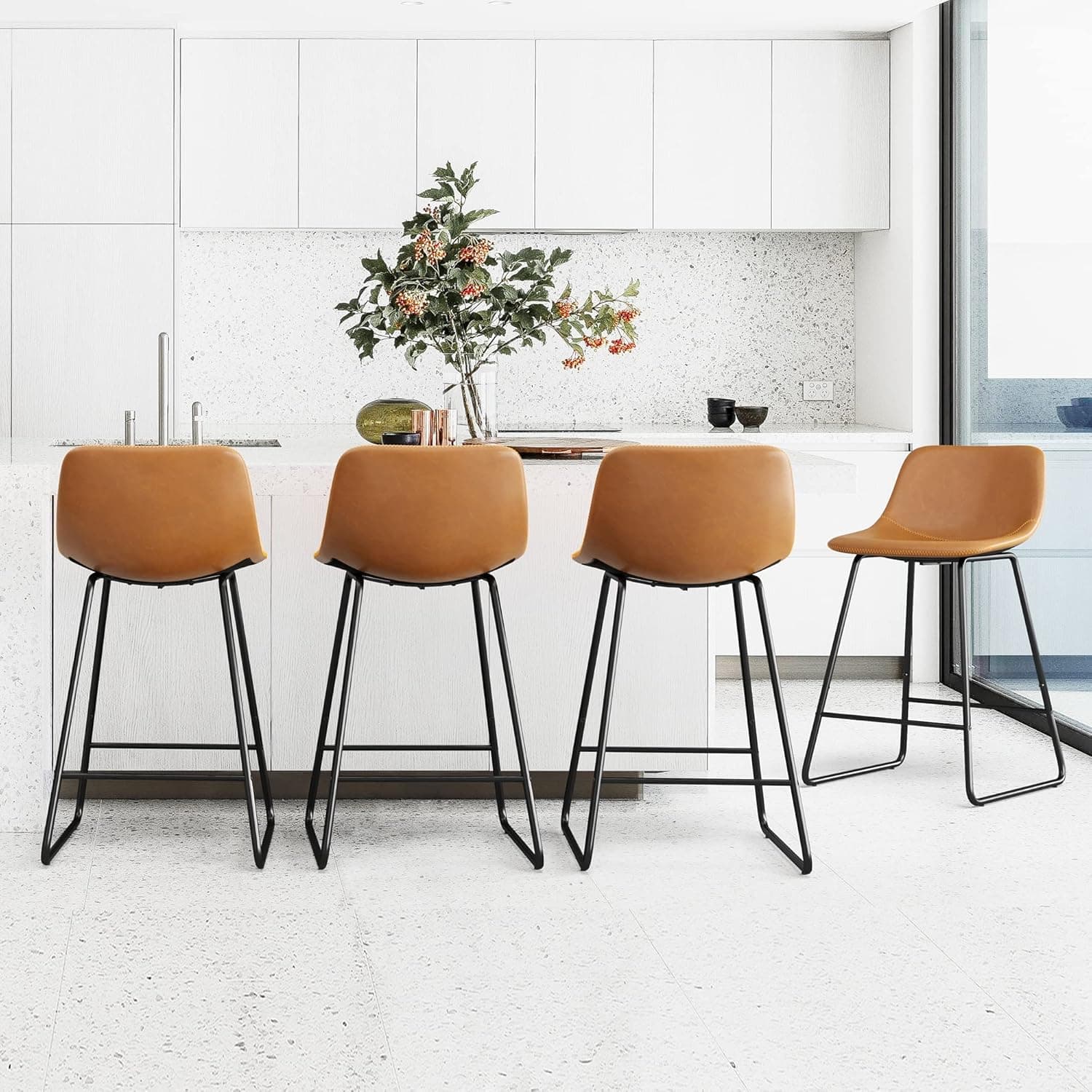 Alexander Indoor/Outdoor Industrial Faux Leather Bar Stools Set of 4,Urban Armless Dining Chairs With Metal Legs, Modern Counter Height Barstools For High Table Home office Kitchen Island Chair 24"