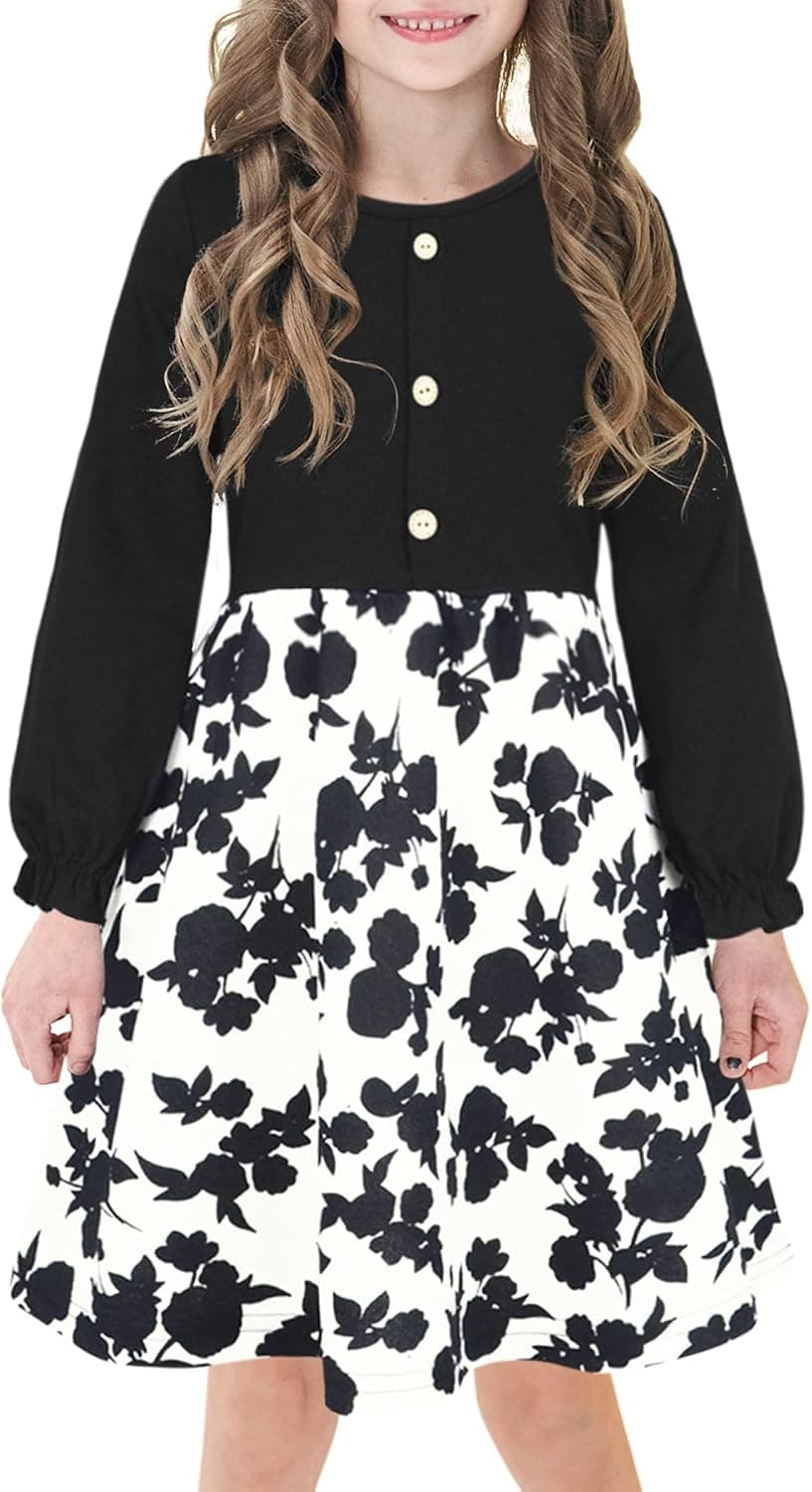 Girls Black Ruffle Long Sleeve Fall Dress Kids Vintage White Floral Casual Swing Church Funeral Party Wear Dresses for Tween Girl Size 10-12 Year Old