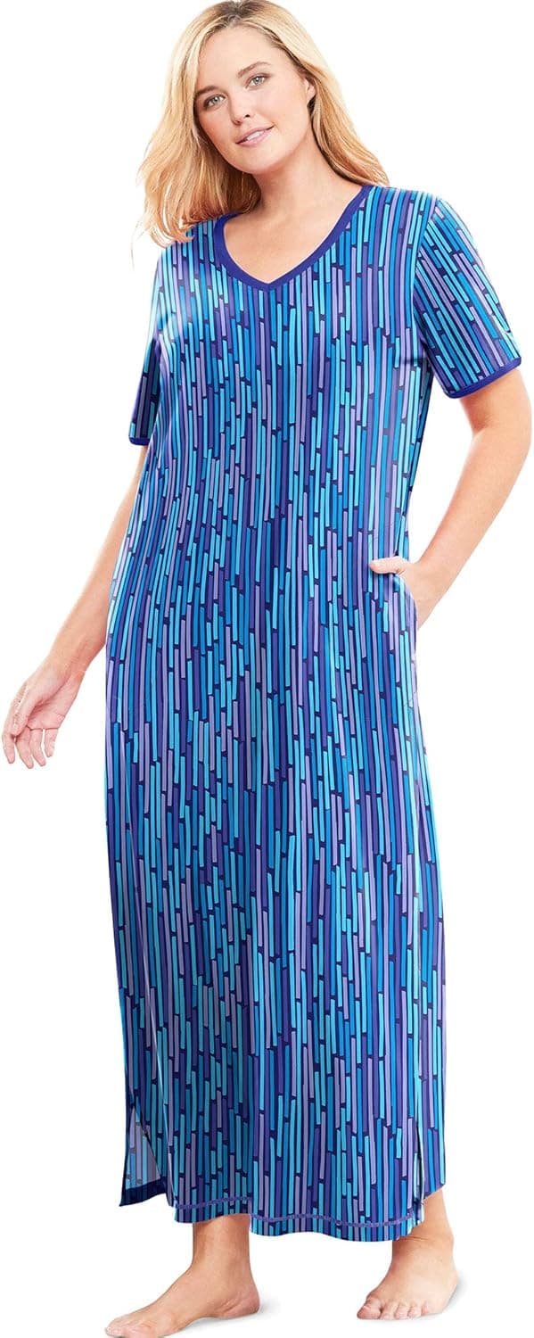 Dreams & Co. Women's Plus Size Petite Long T-Shirt Lounger House Dress or Nightgown - 2X, Navy Multi Stripe Blue