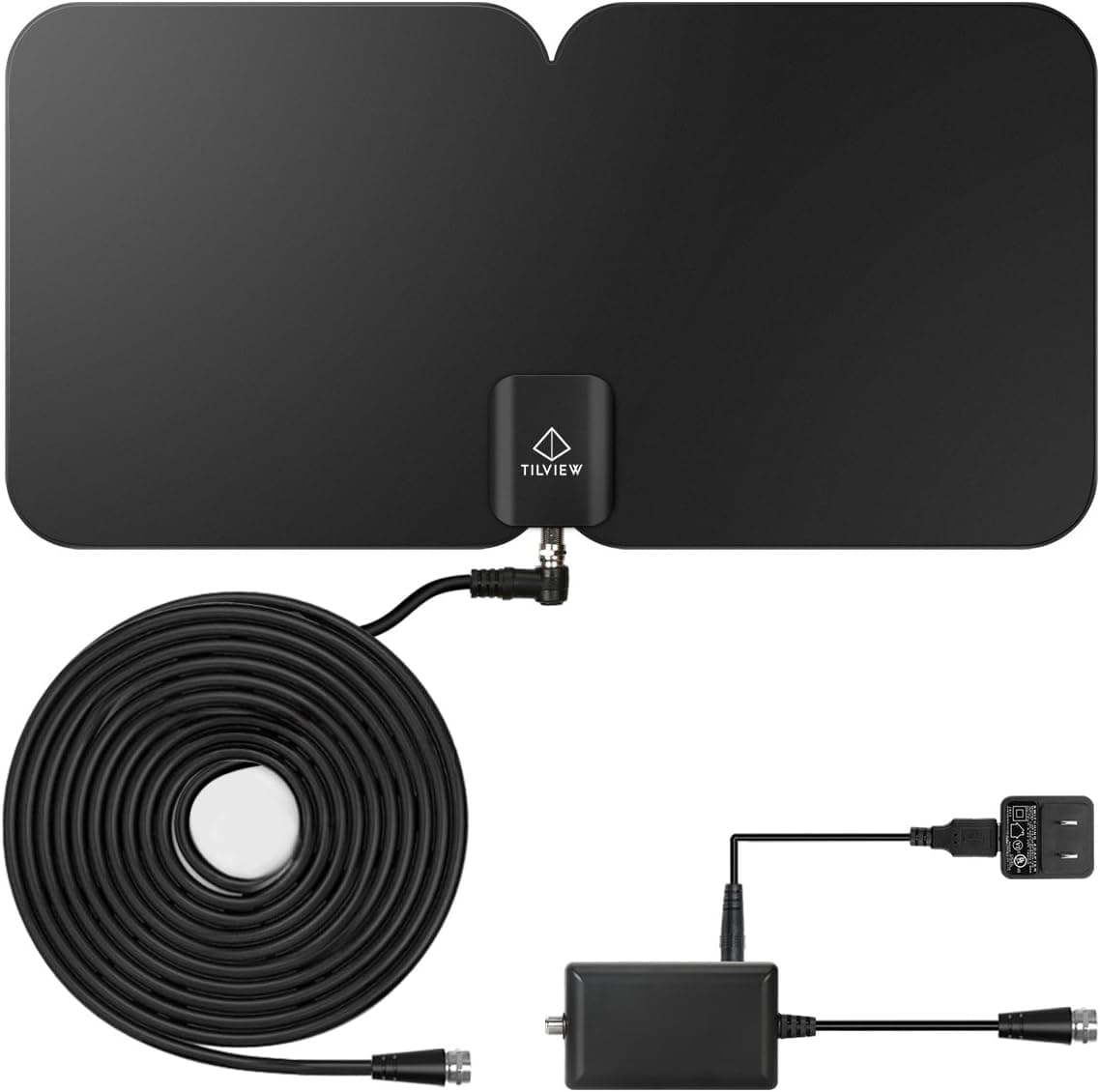 TV Antenna, TILVIEW 1080P Ultra-Thin Indoor Amplified Digital Antenna for Free HDTV 75 Mile Range Smart Antenna with Detachable Amplifier Signal Booster 10ft Coaxial Cable 5ft USB Power Cable Adapter