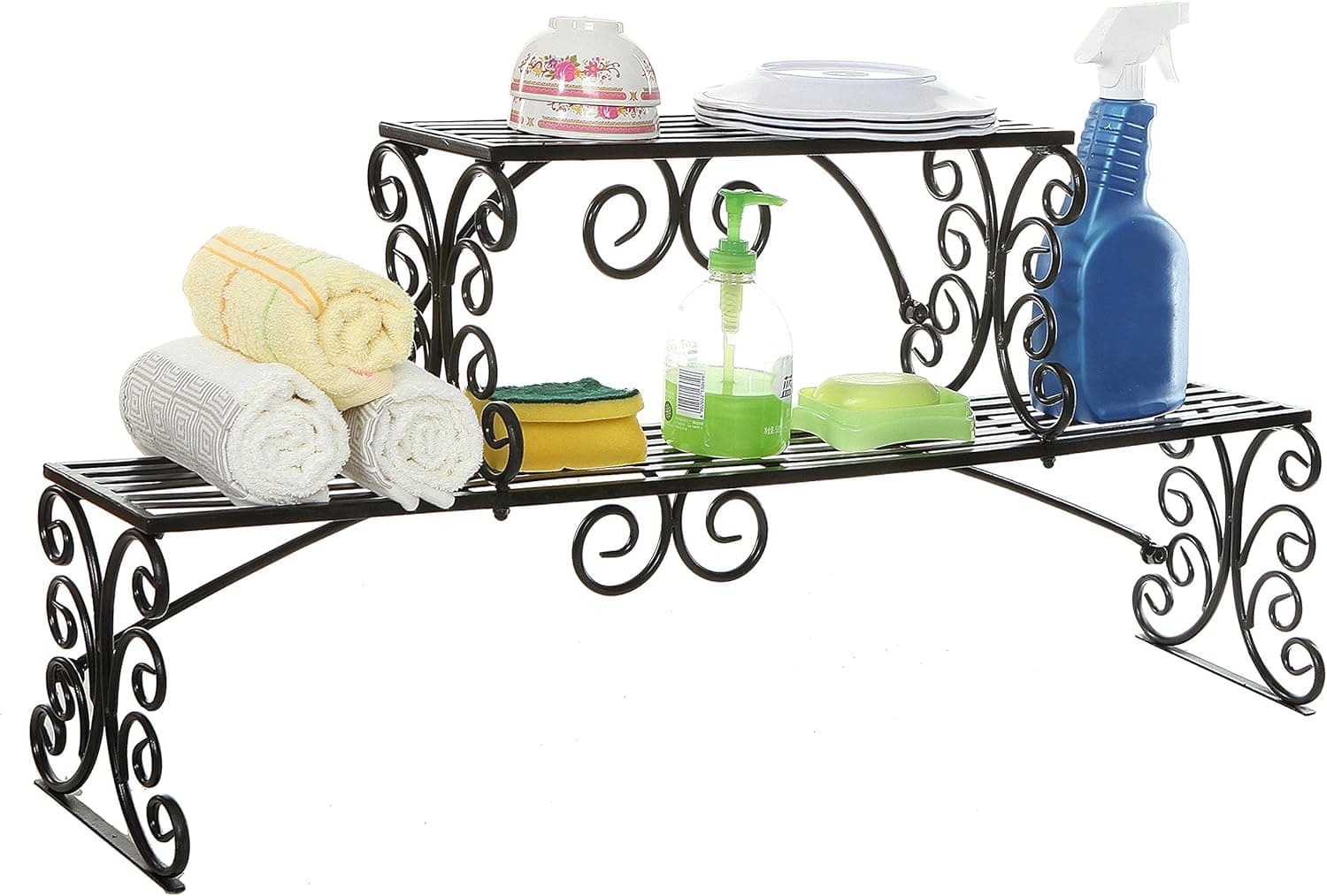 MyGift Black Metal Over The Sink Shelf with Scrollwork Design, 2 Tier Display Stand Organizer for Kitchen Accessories