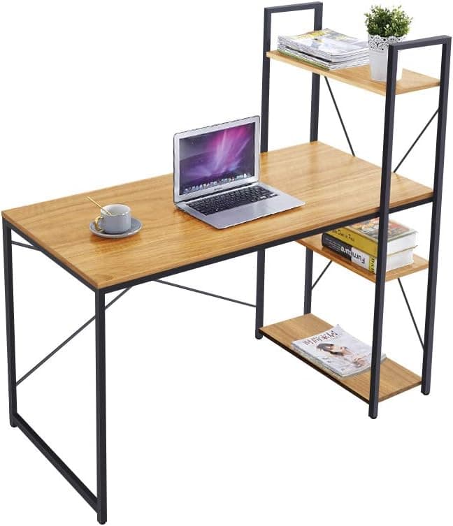 Coral Flower Tower Computer Desk with 4 Tier Shelves - 47'' Multi Level Writing Study Table with Bookshelves Modern Steel Frame Wood Desk Compact Home Office Workstation ，Light Walnut