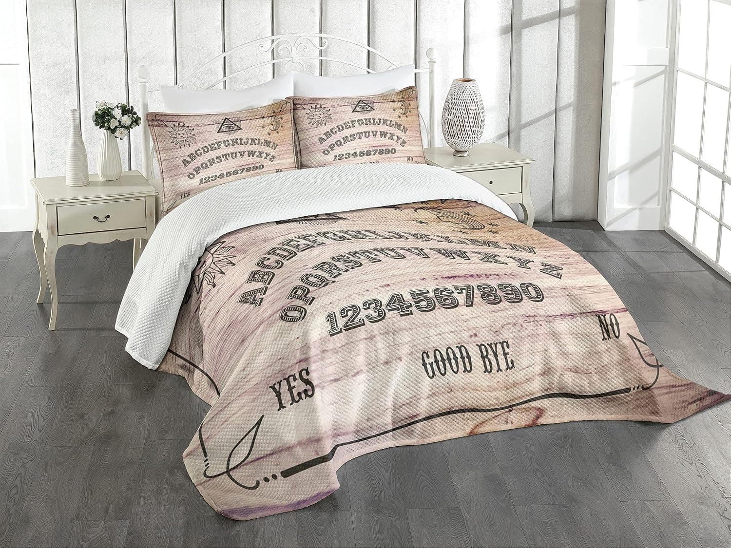 Ambesonne Ouija Board Bedspread, Wooden Texture Talking Spirit Board with Alphabet Letters, Decorative Quilted 3 Piece Coverlet Set with 2 Pillow Shams, Queen Size, Beige Grey