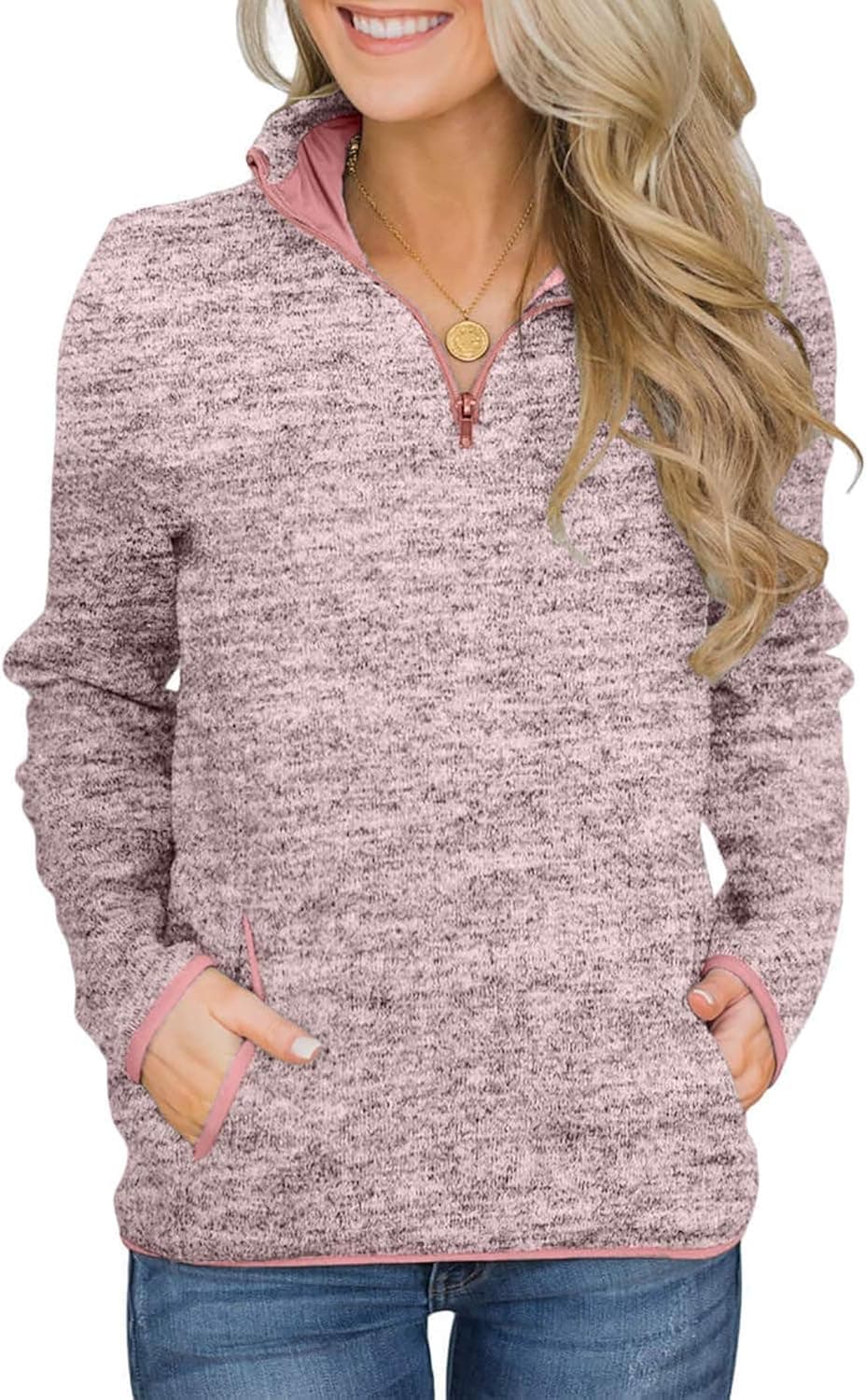 Arainlo Women Casual 1/4 Zip Sweatershirt Long Sleeve High Collar Oversized Pullover Tunic Shirts Tops with Pocket