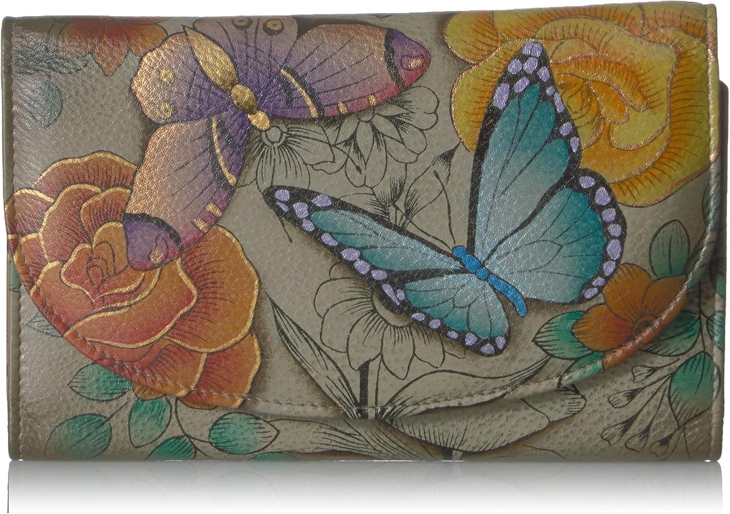Anna by Anuschka Women's Geniune Leather Hand Painted Large Three Fold Checkbook Clutch Wallet - Floral Paradise Tan