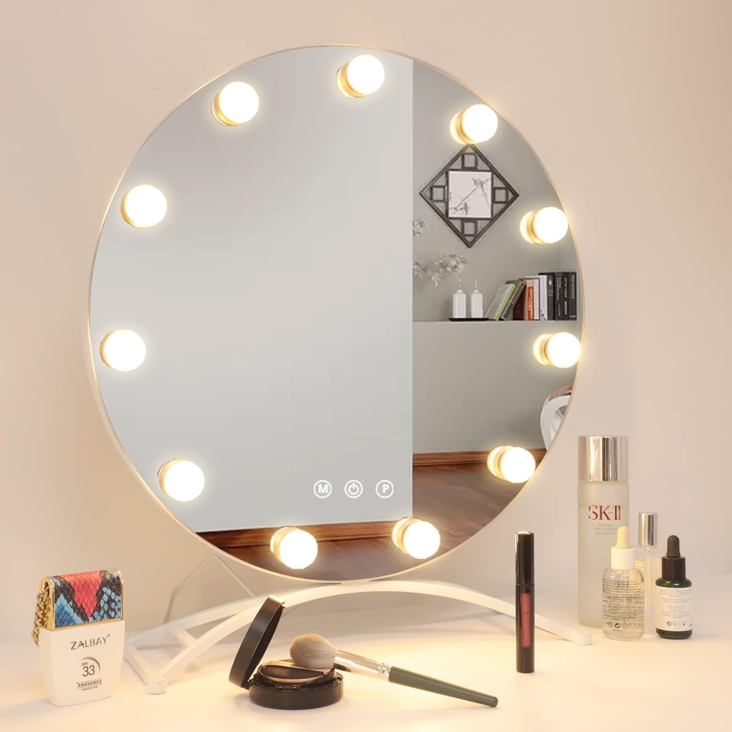 Large Round Hollywood Mirror 20 inch Vanity Makeup Mirror with 11pcs LED Bulbs 3 Color Lighting Modes and Ajustable Brightness Vanity Mirror with Touch Control for Vanity Table Desktop(White)