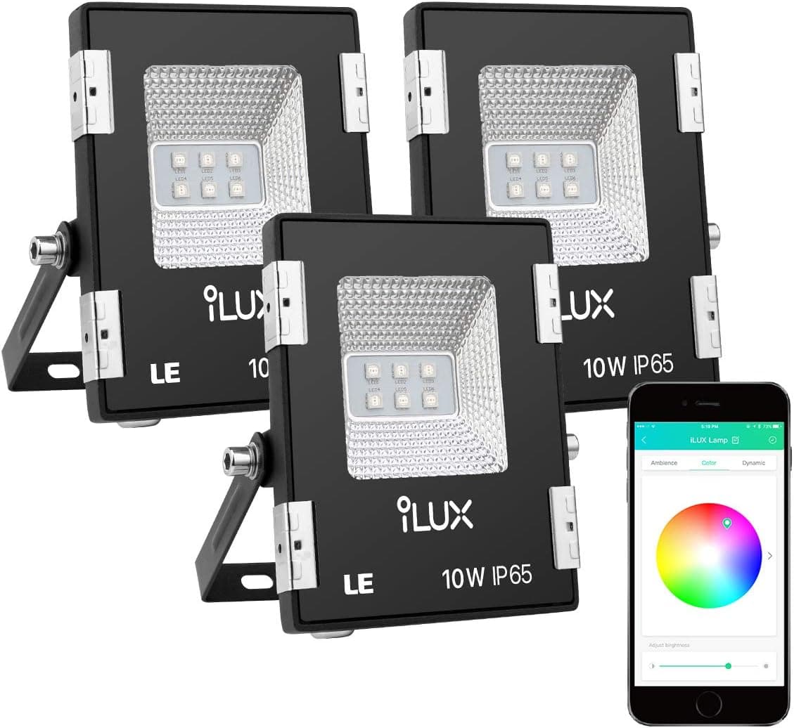 LE iLUX Smart LED Flood Lights, Outdoor Plug in, 10W RGB, IP65 Waterproof, Bluetooth Remote Control for iOS and Android, Color Changing with Music, Floodlights for Home, Garden, Balcony, Pack of 3