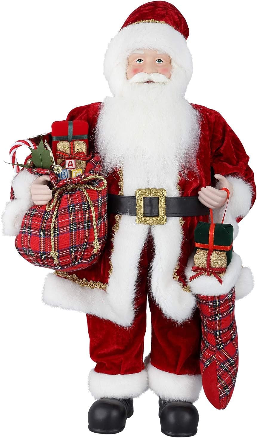 AGM 24" Santa Claus, Christmas Figurine Figure Decor with Christmas Sock and Gifts Bag for Holiday Party Home Decoration