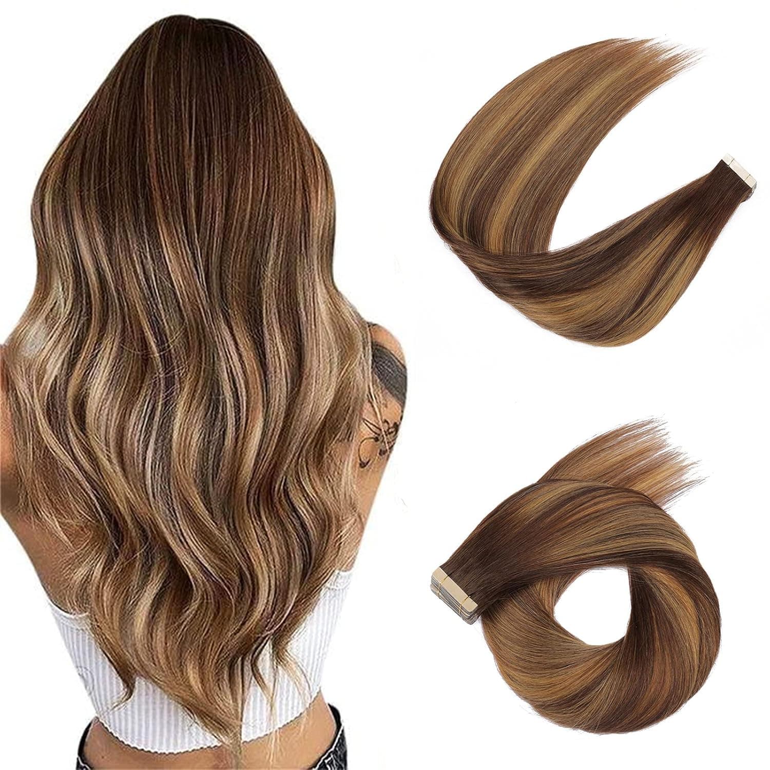 ShowJarlly Tape in Hair Extensions Human Hair 18inch 40piece Real Human Hair Remy Hair Invisible Skin Weft Tape in Hair Extensions Balayage Chocolate Brown to Caramel Blonde #4-4/27 80g/pack