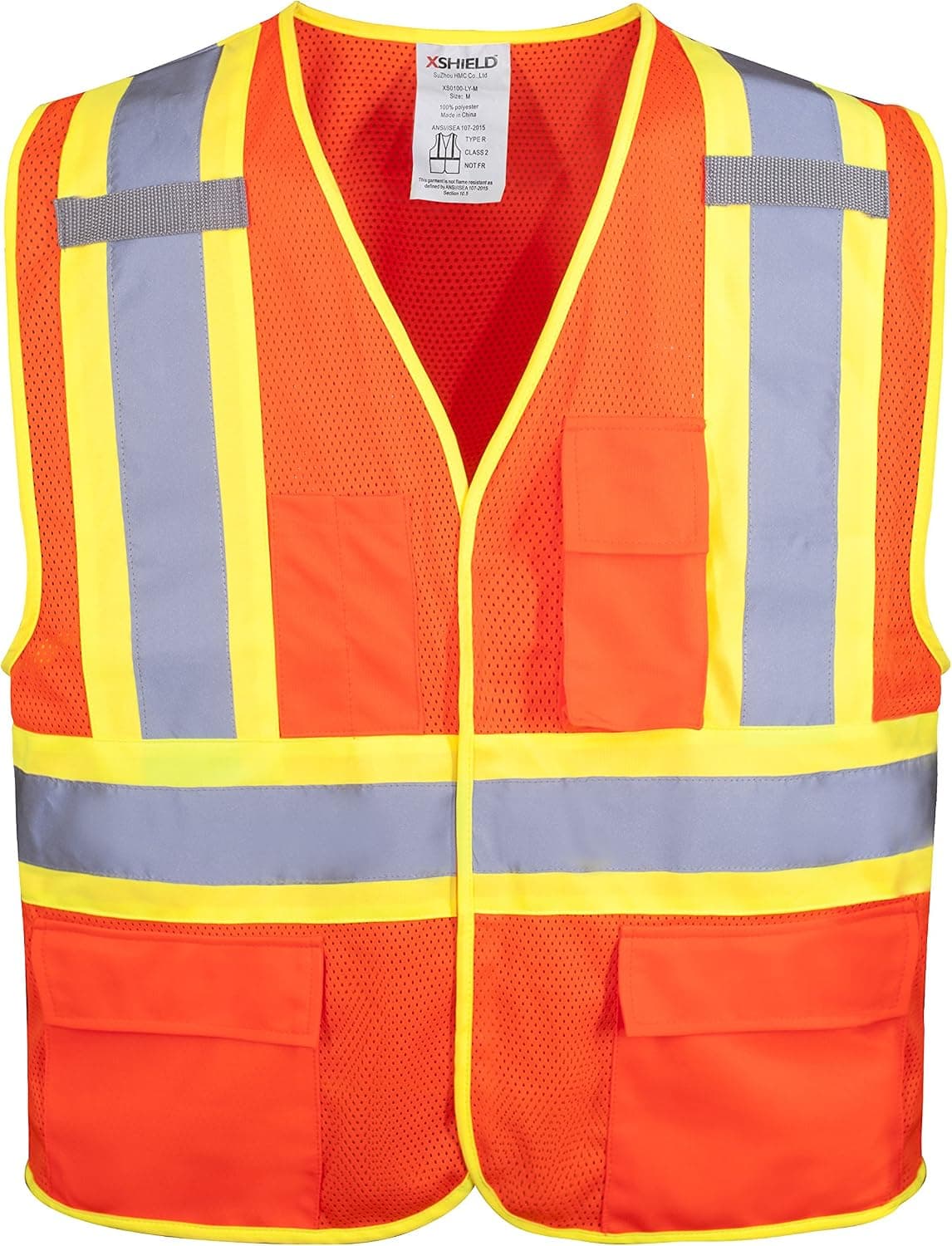 XSHIELD XS0100,High Visibility Safety Vest with Silver Stripe,ANSI/ISEA 107-2015 Type R Class2 Not FR (4XL, Orange)