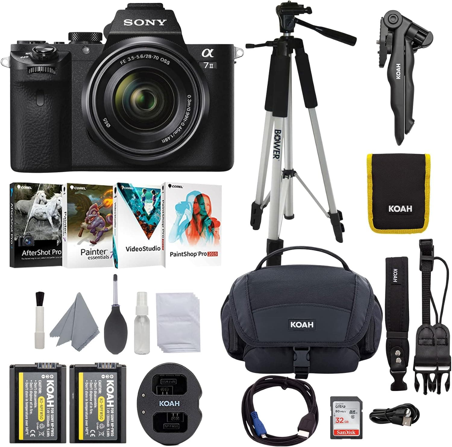 Sony Alpha a7II Mirrorless Digital Camera Bundle with 28-70mm f/3.5-5.6 Lens, Corel Software Kit, Camera Bag, 57-Inch Tripod, Rechargeable Battery and Dual Charger, 32GB SD Card, HDMI Cable (7 Items)