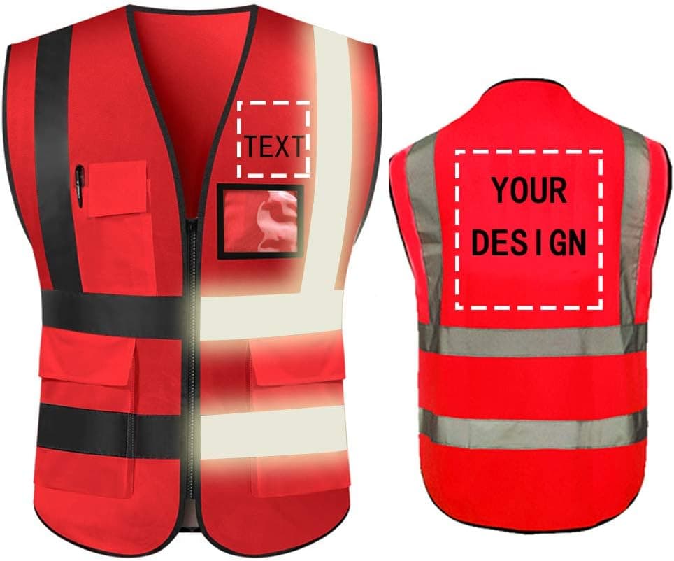 YOWESHOP High Visibility Safety Vest Custom Your Logo Protective Workwear 5 Pockets With Reflective Strips Outdoor Work Vest (Red (S))