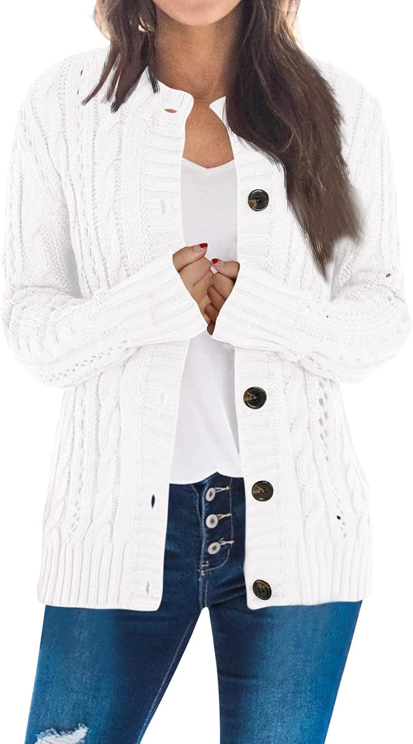 Dellytop Women's Cable Knit Button Down Short Cardigan Sweaters Boho Open Front Long Sleeve Crochet Cardigans Outerwear White