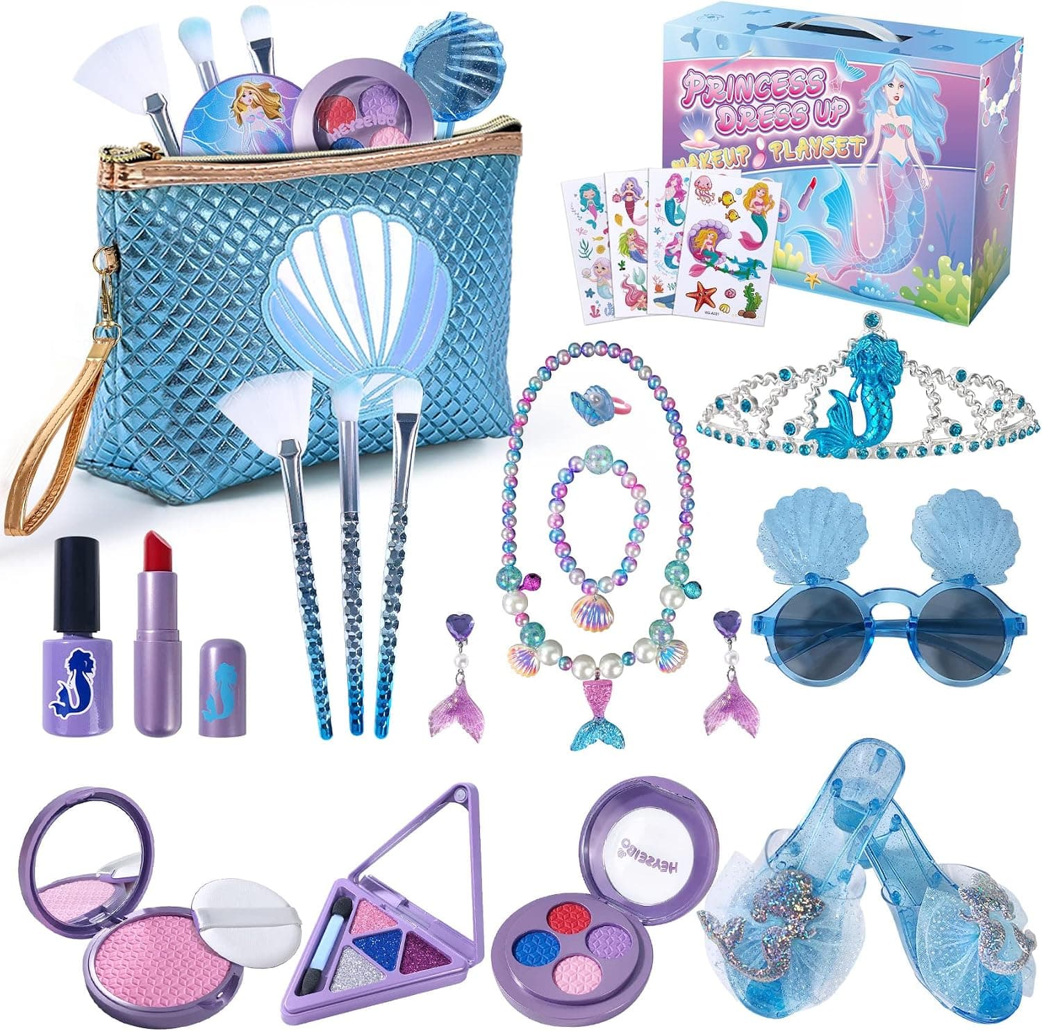 Princess Cosplay Toy for Girls, Dress Up & Pretend Play Makeup Starter Toys Kit with Stylish Bag, Crown, Makeup, Shoes Jewelry for 3-12 Years Old Girls Birthday Halloween Christmas Costumes Party