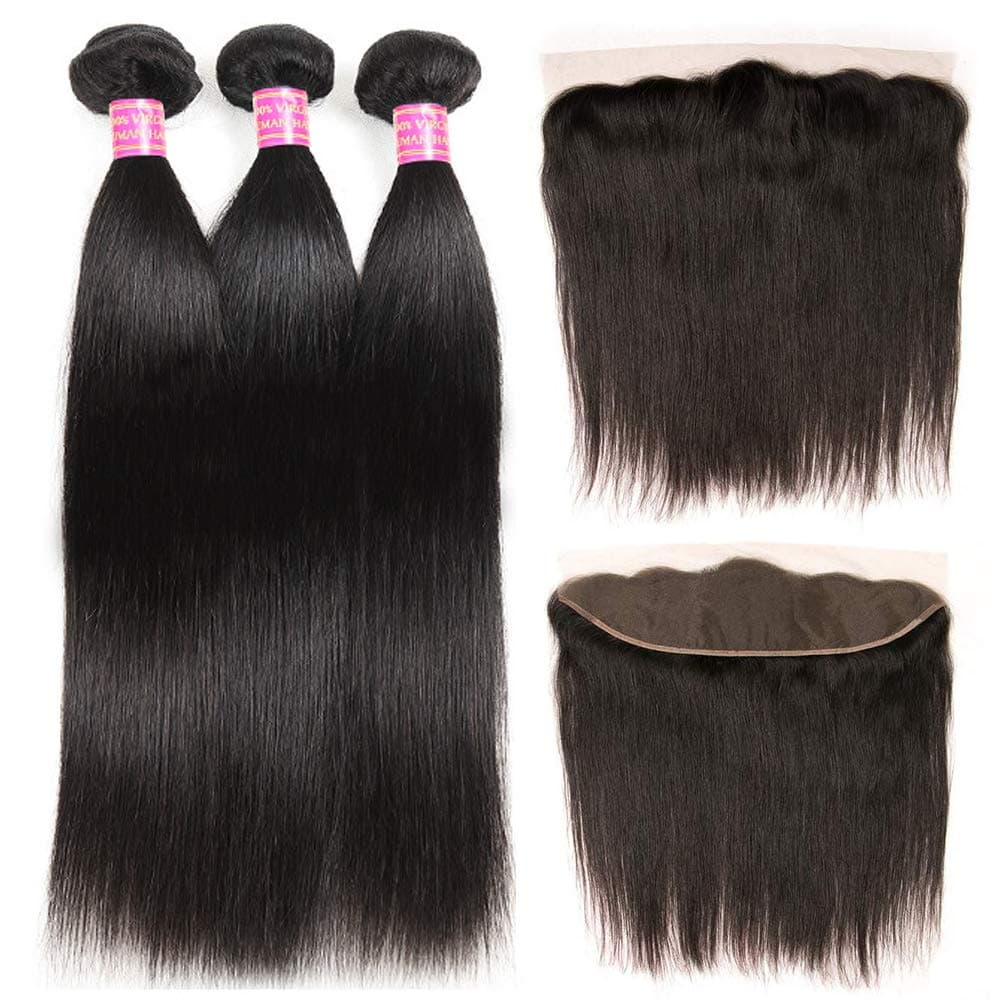 Brazilian Straight 3 Bundles With 13x4 Frontal Human Hair Extensions Unprocessed Virgin Hair Weave Weft Free Part Natural Black Color For Woman(10 12 14+10,13X4 Frontal)
