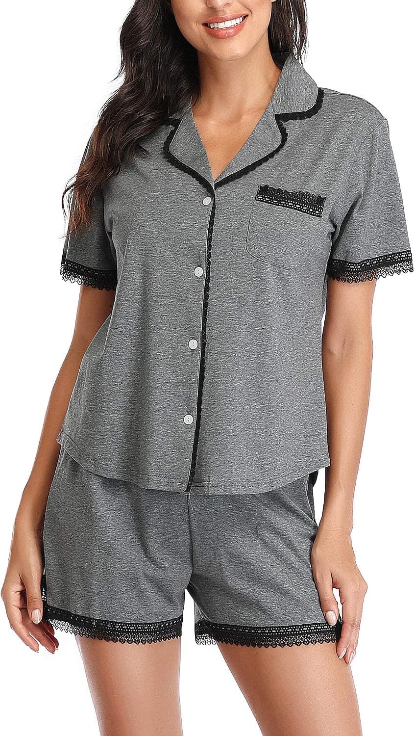 Women's Pajamas Set, Short Sleeve Sleepwear Lace Hem Pj Lounge Sets Nightwear Pajamas for Women S-XL