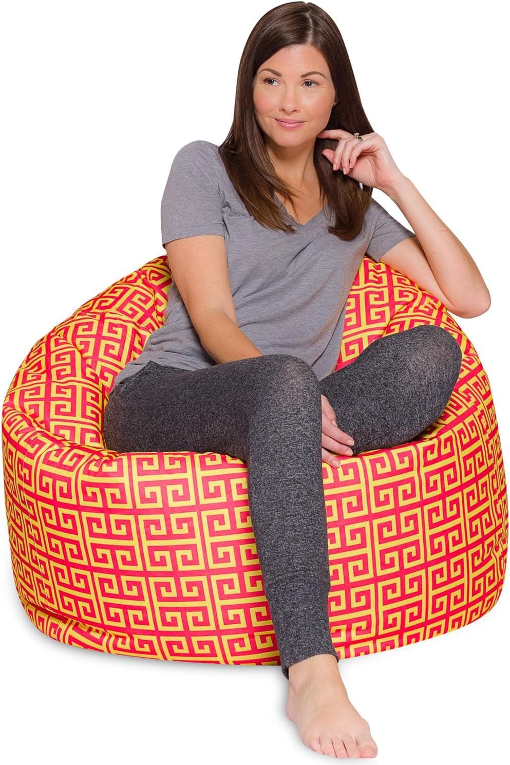 Big Comfy Bean Bag Chair: Posh Large Beanbag Chairs with Removable Cover for Kids, Teens and Adults - Polyester Cloth Puff Sack Lounger Furniture for All Ages - 35 Inch - Scrolls Red and Yellow