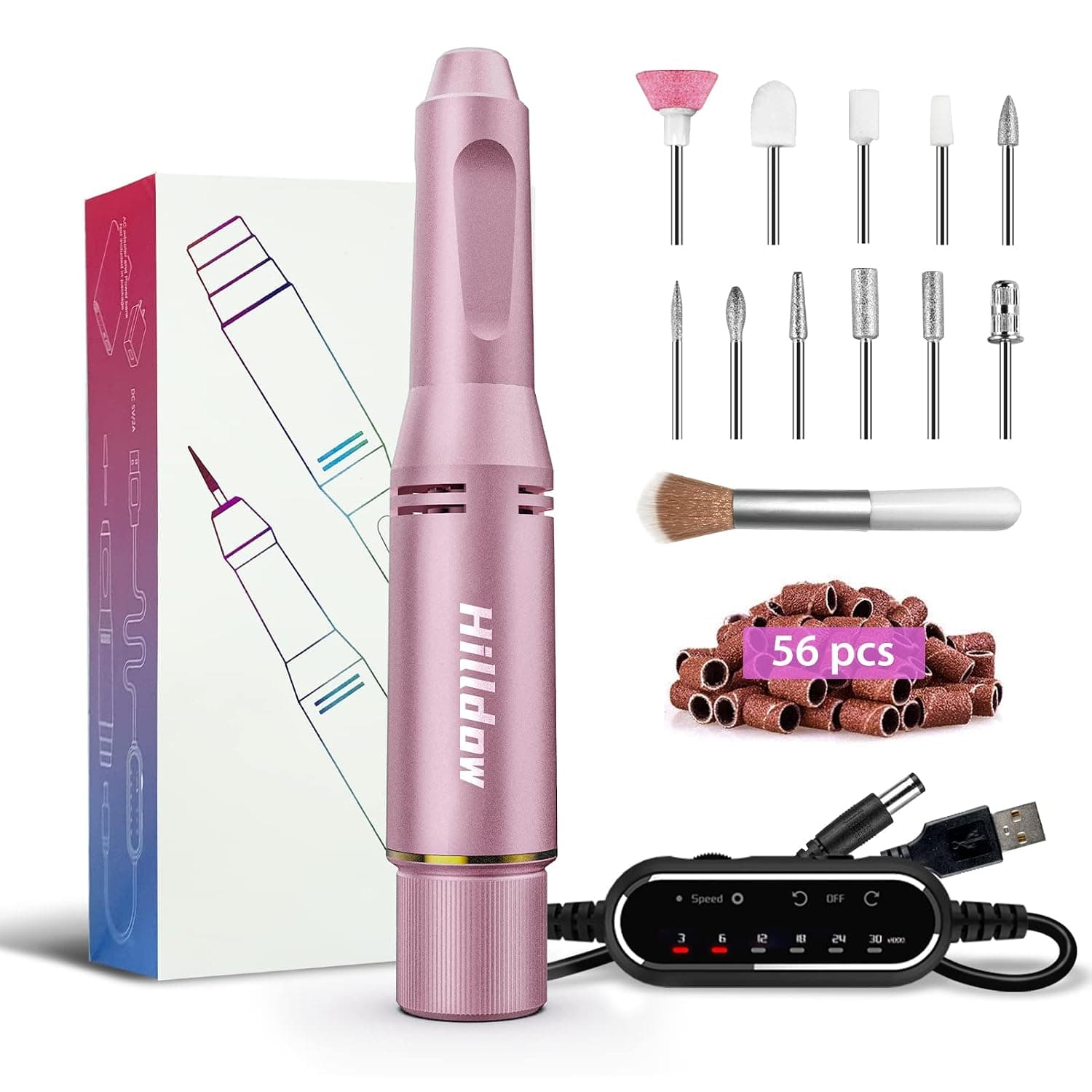 Hilldow 30000 RPM Nail Drill Machine, Portable Electric Nail File for Acrylic Gel Nails, Manicure Pedicure Shape Tools, Professional Efile Nail Drill Kit, 11Pcs Bits 56 Sanding Bands and Brush (Pink)