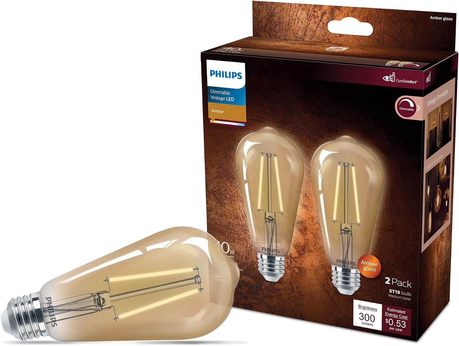 Philips LED Vintage Flicker-Free Amber Straight ST19, Dimmable, Eyecomfort Technology, 300 Lumen, Amber Light(2000K), 4.4W=40W, Title 20 Certified, E26 Base, 2-Pack, (564849)