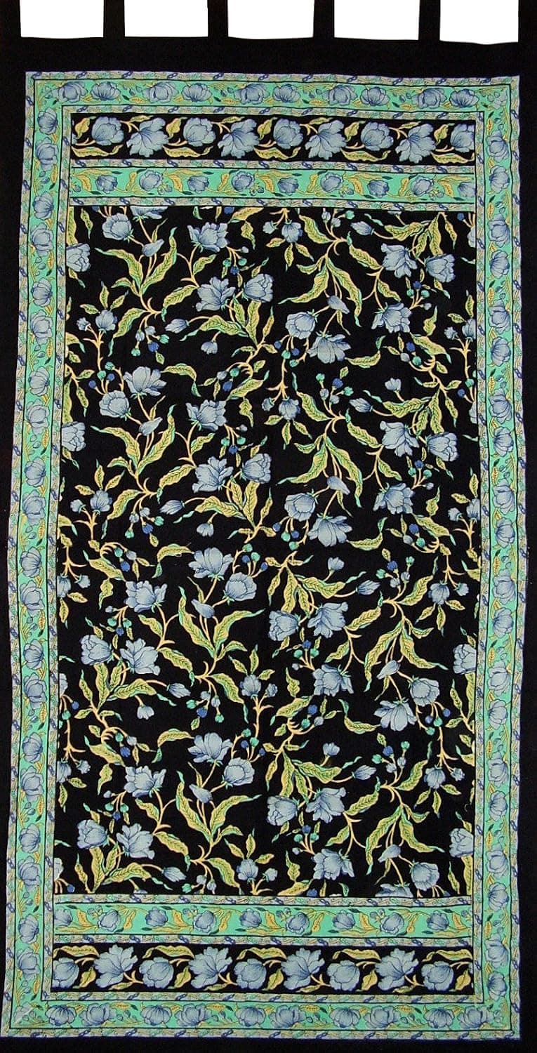 India Arts French Floral Tab Top Curtain Drape Panel Cotton 44" x 88" Blue Black