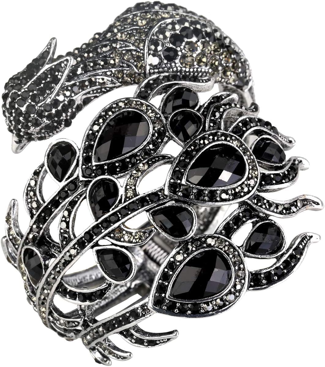 YACQ Women's Hinged Big Peacock Bracelet Slave Stretch Ring Set - Fit Wrist Size 6-1/2 to 7-1/2 Inch & Finger 7 to 9 - Lead Nickle Free - Halloween Costome Outfit
