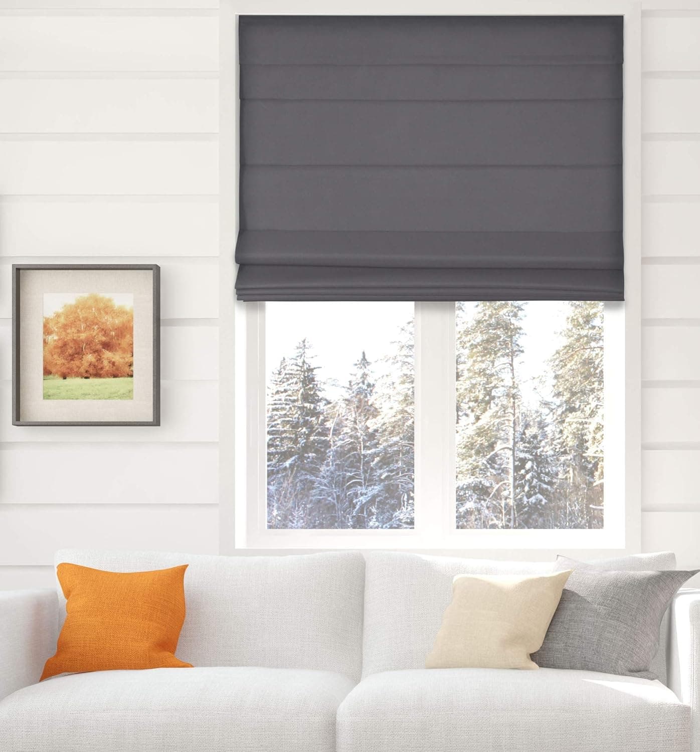 Arlo Blinds Thermal Room Darkening Fabric Roman Shades, Color: Graphite, Size: 34.5" W X 48" H, Cordless Lift Window Blinds