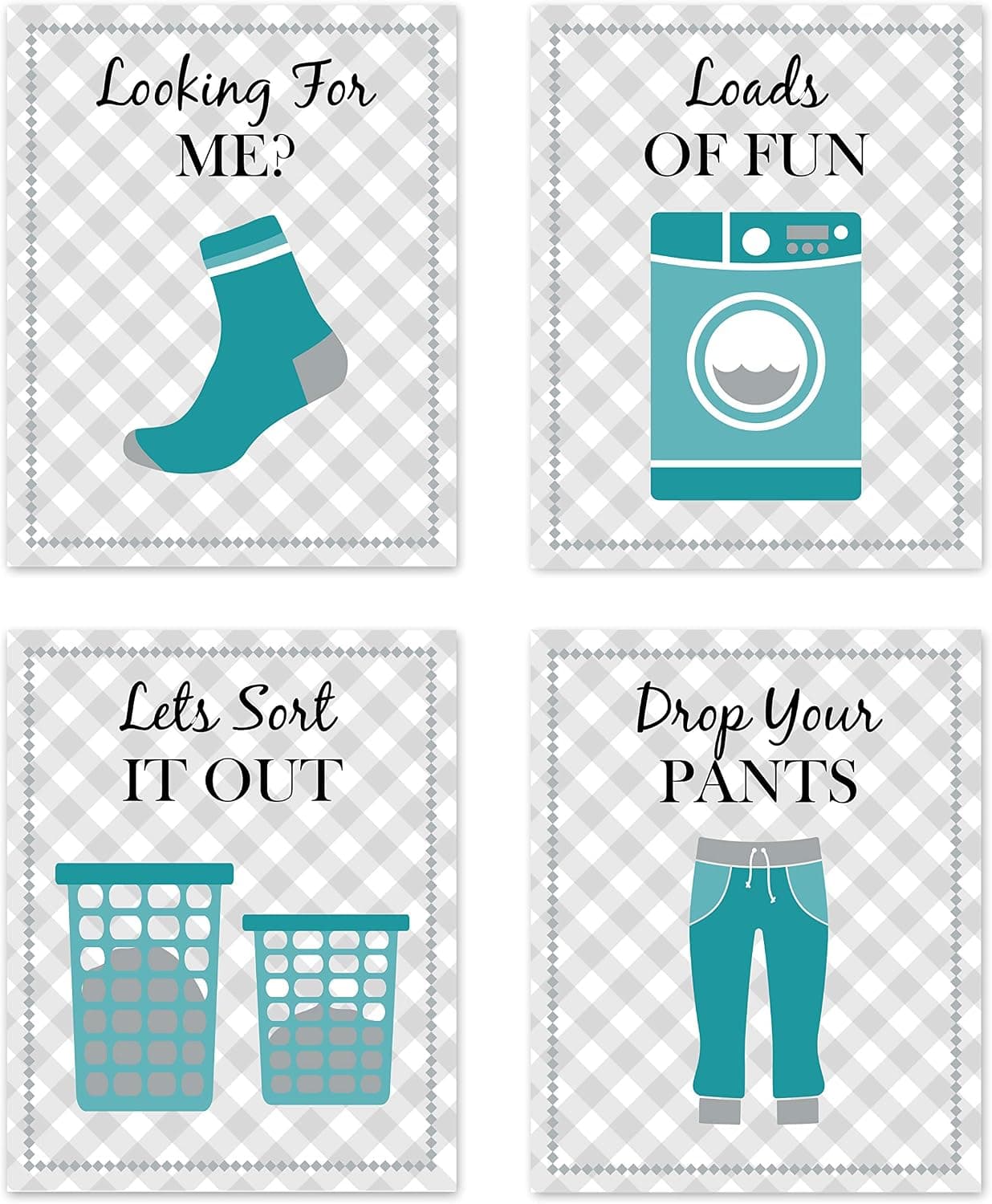 Turquoise Teal Blue Gray White Retro Vintage Inspirational Laundry Room Rules Decorative Wall Art Decor Decorations for Laundromat Wash Sock Pants Prints Posters Pictures Sign Rustic Modern Farmhouse Country Home Funny Sayings Quotes Unframed 8”x10”