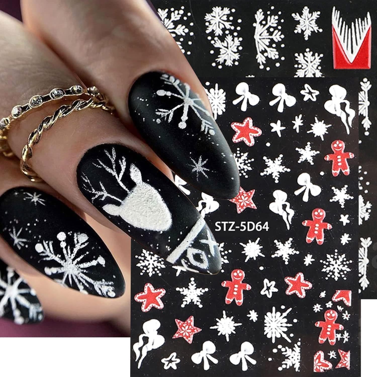 5D Embossed Christmas Nail Art Stickers Snowflake Nail Art Sticker Self Adhesive Nail Decals for Acrylic Nail Snowflake Elk Snowman Santa Claus Bell Nail Design Nail Decoration for Women 6 Sheets