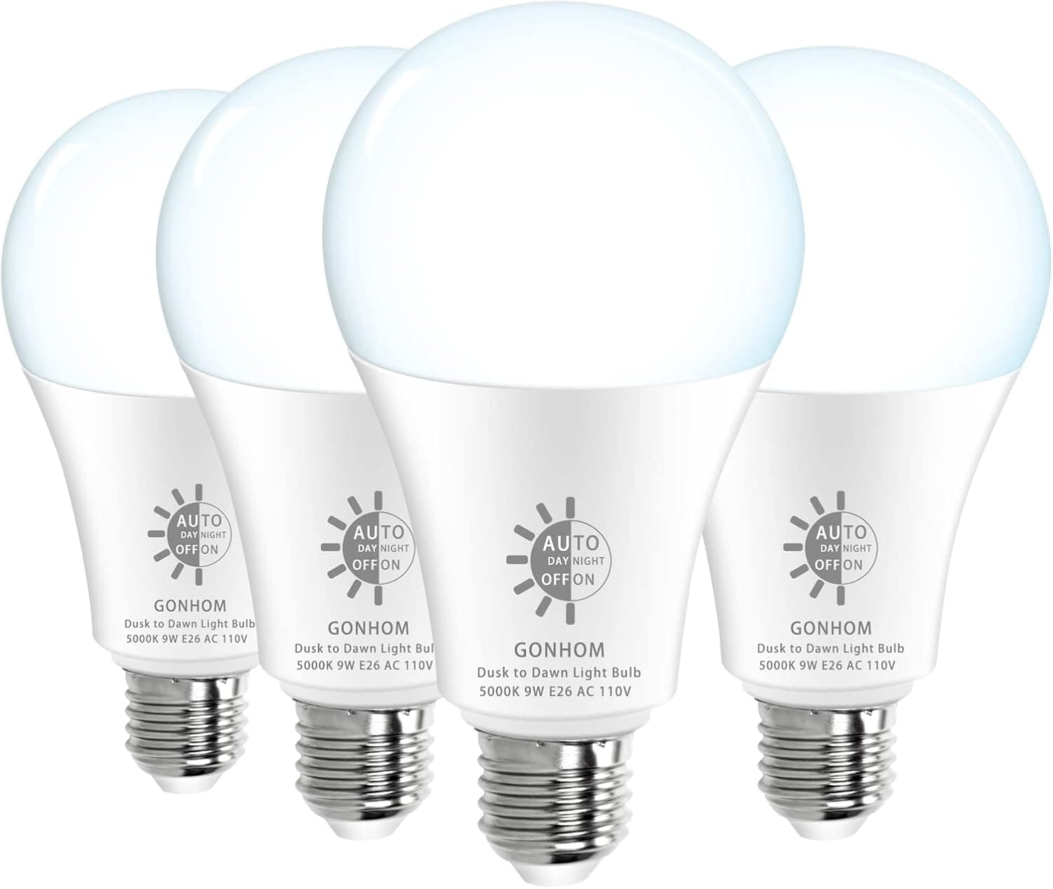 Gonhom 4 Pack Dusk to Dawn Light Bulbs Outdoor, 5000K-Daylight, 720LM, 9W(60W Equivalent) A19 E26 Automatic On/Off LED Light Bulbs, Dusk to Dawn LED Outdoor Lighting for Porch Garage Patio