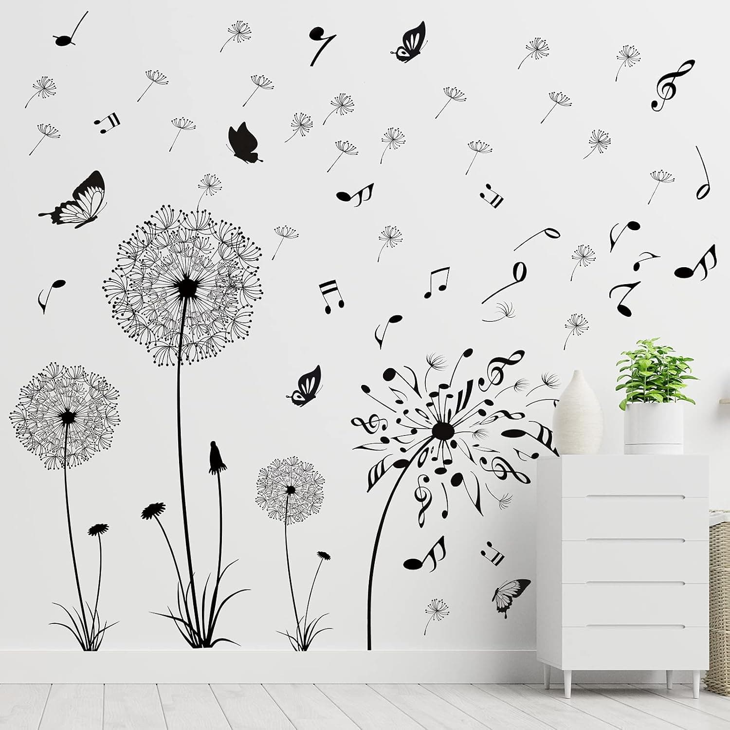 2 Pieces Christmas Indoor Outdoor Decoration Dandelion Wall Decals Music Note Dandelion Decal Flying Flowers Butterflies Wall Stickers Dandelion Wall Art Vinyl Wall Decors for Living Room Bedroom