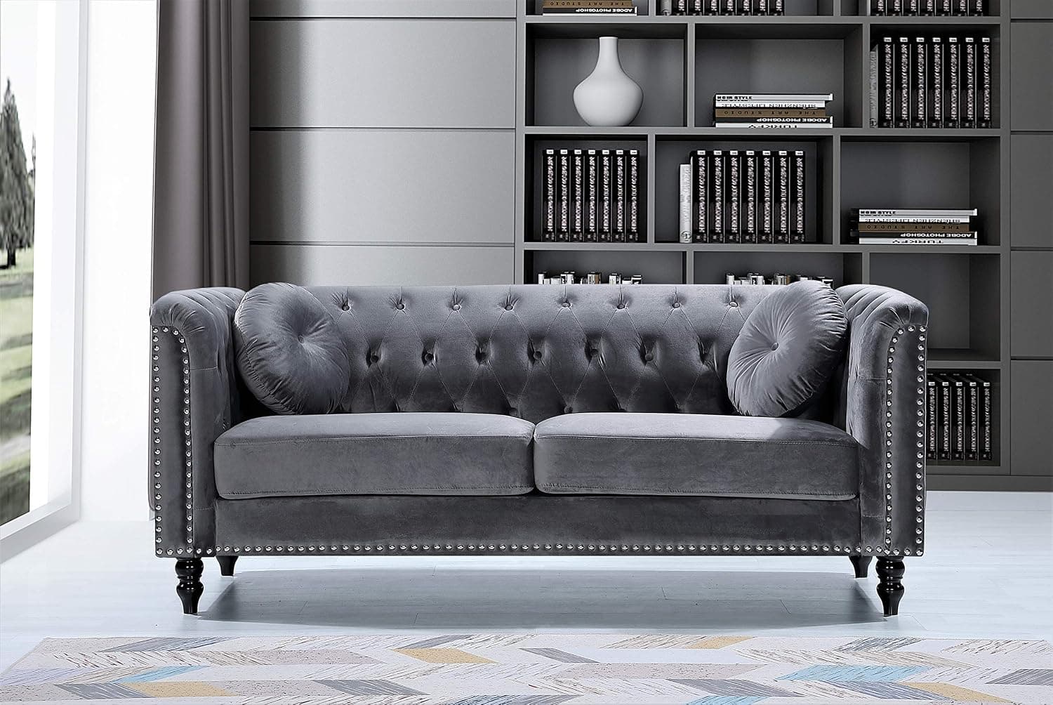 Container Furniture Direct Kittleson Upholstered 75 Velvet Chesterfield Sofa for Living Room, Apartment or Office, Mid Century Modern Couch With Diamond Tufts and Nailhead Accent, 75.98", Grey
