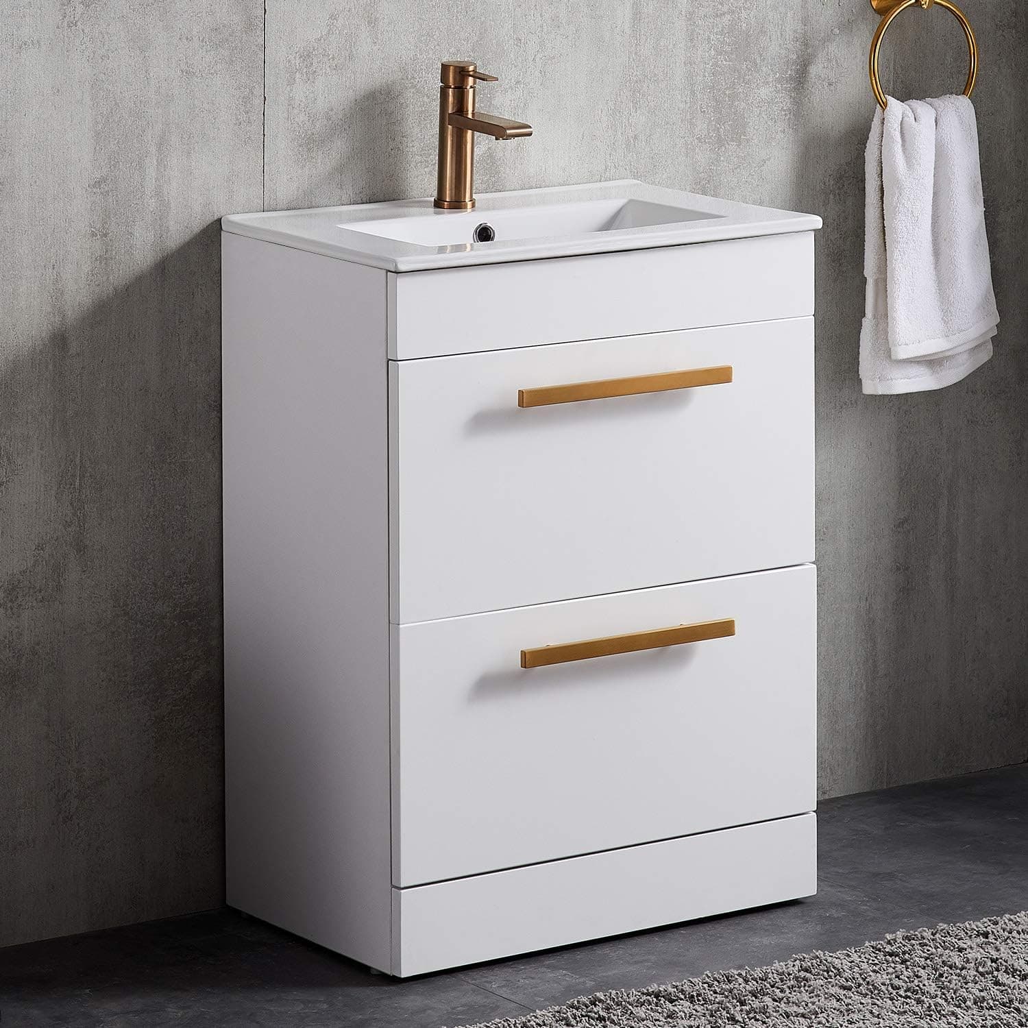 Modern White 2 Drawers Vanity Set Combo Bathroom Vanity,Stand Cabinet Vanity with Integrated Porcelain Top Sink