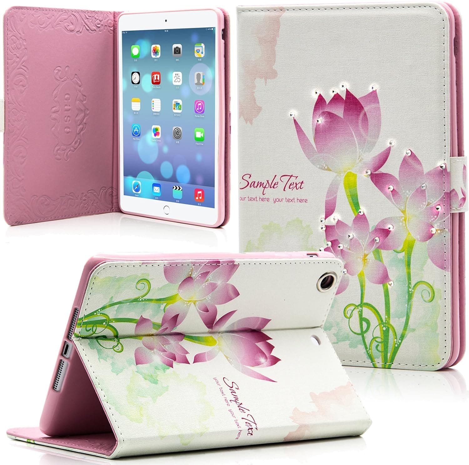 iPad Mini Case, Mini 2/3 Case, Dteck(TM) Cute Girl Design Bling Diamond Flip Leather Folio Stand Case with Auto Wake/Sleep Function Smart Cover for Apple iPad Mini 1/2/3 (04 Lotus)