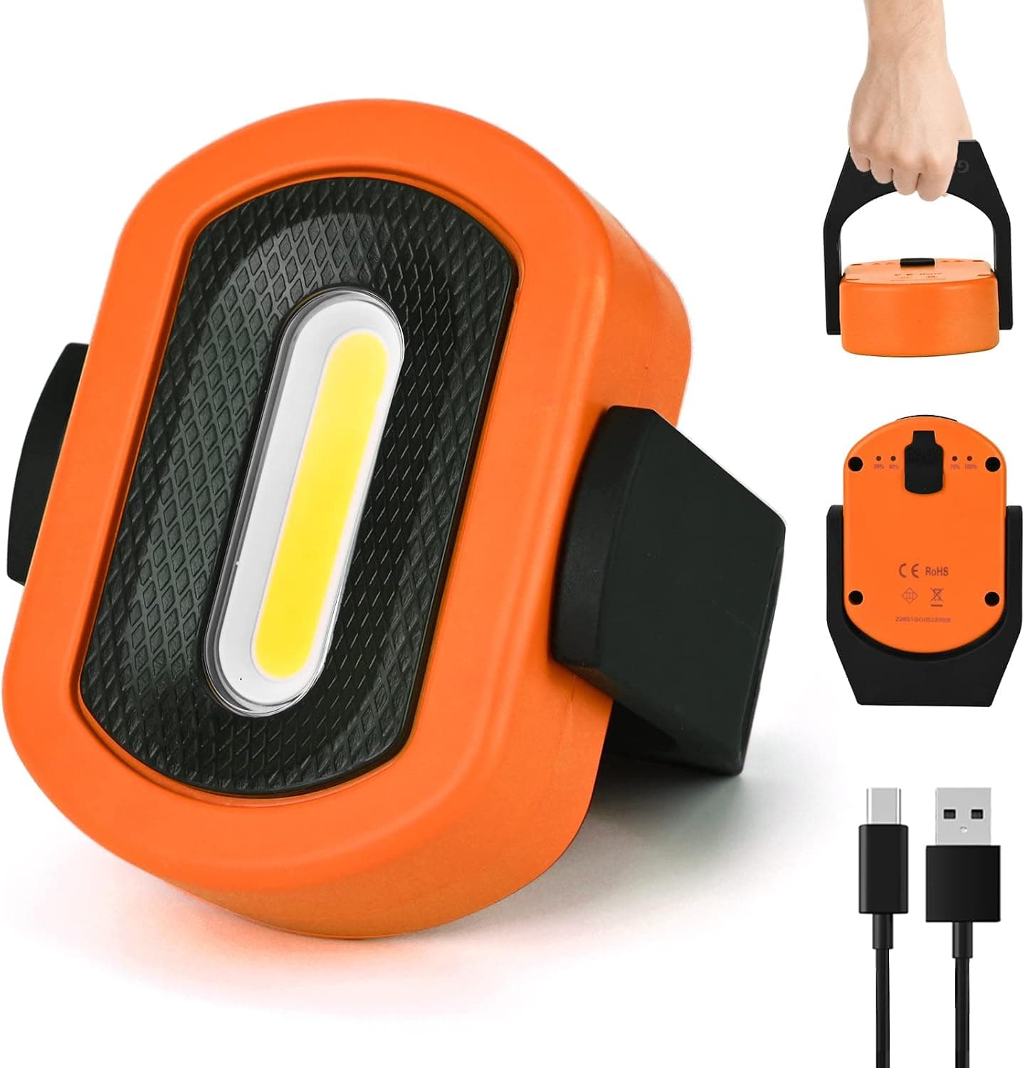 LED Work Light Rechargeable,900 Lumen Portable Flood Light with Magnetic Base &360° Rotation Stand, Inspection Light for Camping Car Repairing Emergency and Job Site Lighting with SOS Modes.
