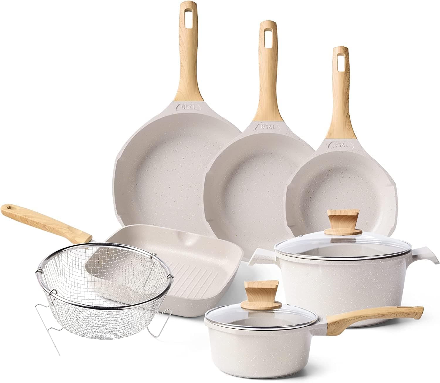 Pots and Pans Set - Caannasweis Kitchen Nonstick Cookware Sets Granite Frying Pans for Cooking Marble Stone Pan Sets Kitchen Essentials Set Beige 13 Piece