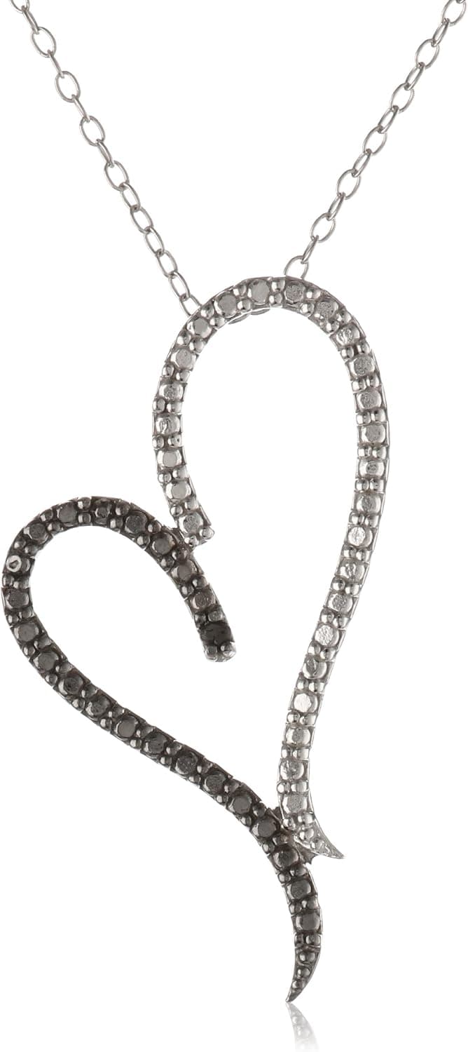 Amazon Collection Sterling Silver Black-Diamond Asymmetrical Heart Pendant Necklace