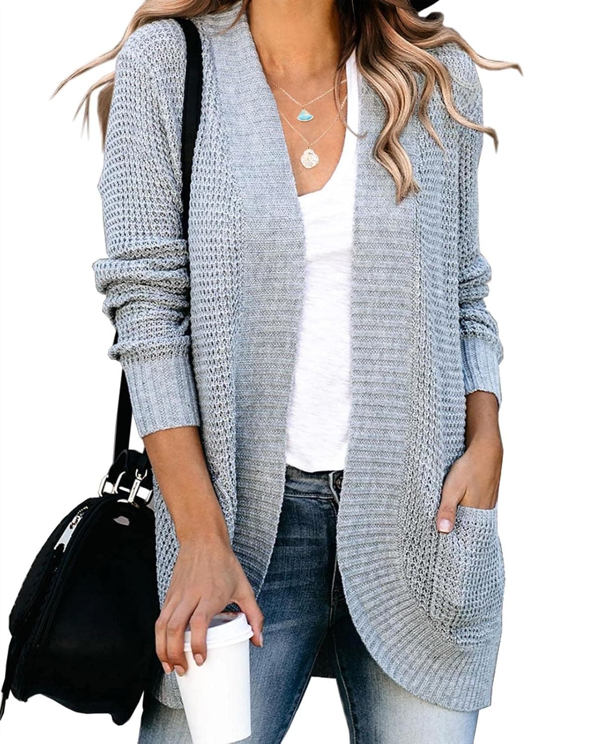 Saodimallsu Womens Loose Open Front Cardigan Long Sleeve Casual Lightweight Soft Knit Sweaters Coat with Pockets